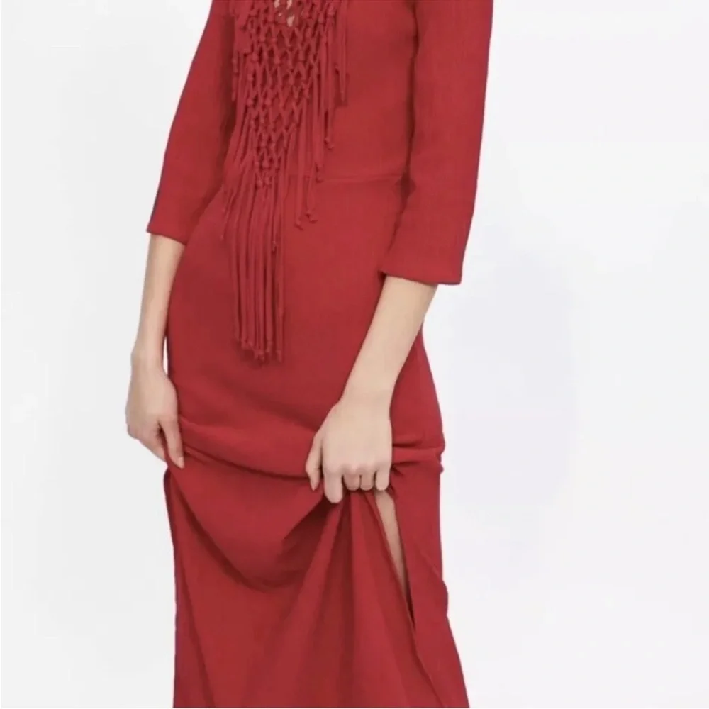 Zara Bright Red Fringe Knit Maxi Dress